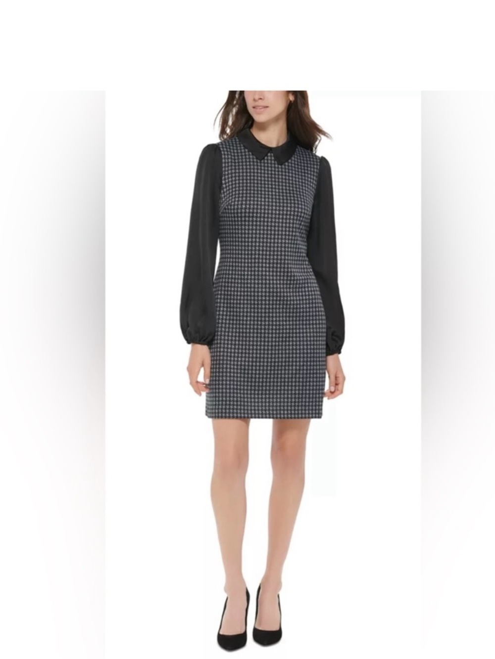Tommy Hilfiger Black and Gray Houndstooth Long-Sleeve Dress sz 10 - Picture 2 of 10